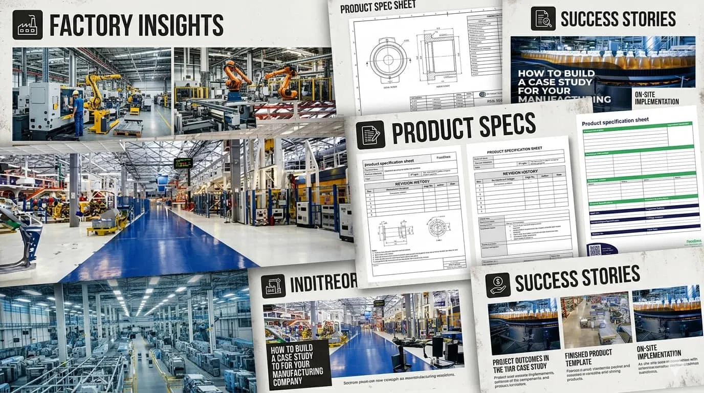 A collage of factory photos, product spec sheets, and case study images