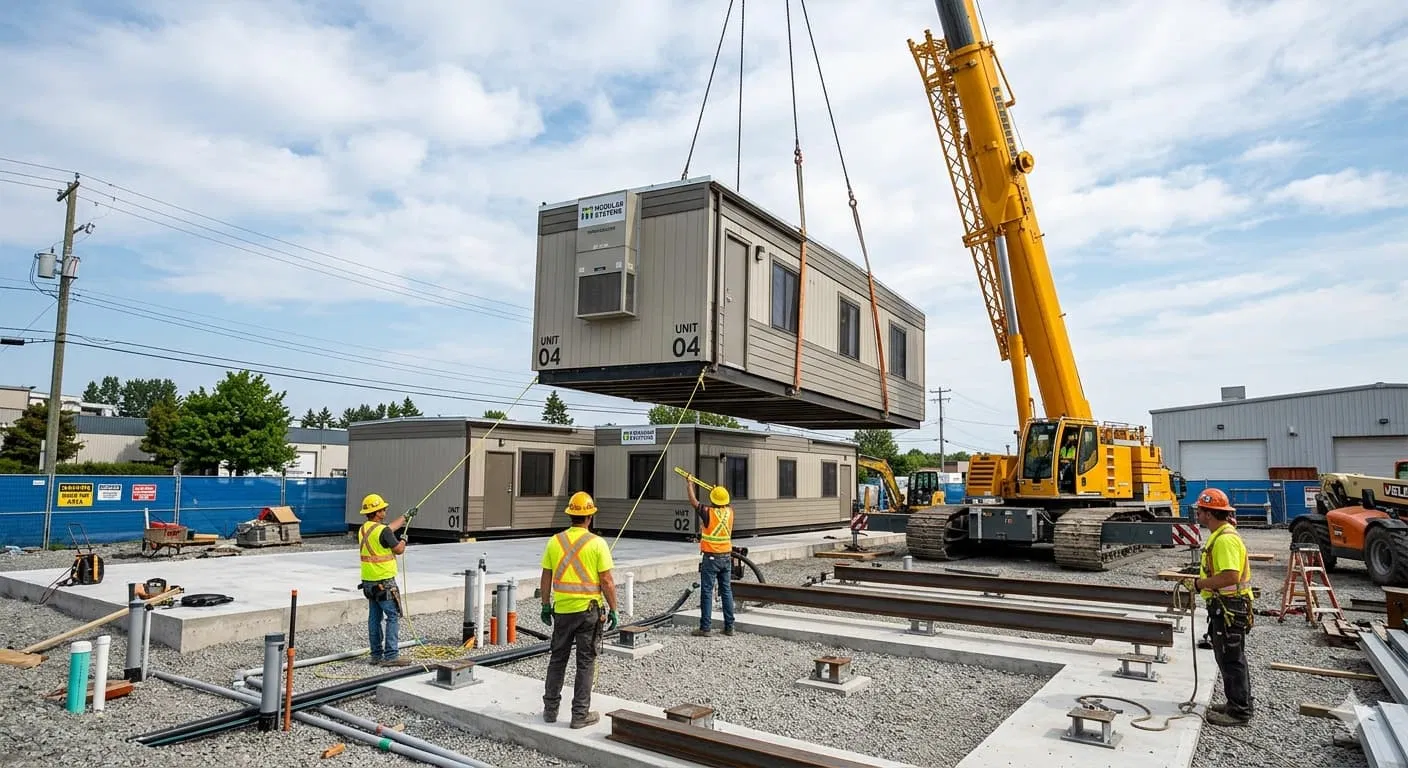 Rapid Deployment of Modular Buildings A modular building being quickly installed on a prepared site