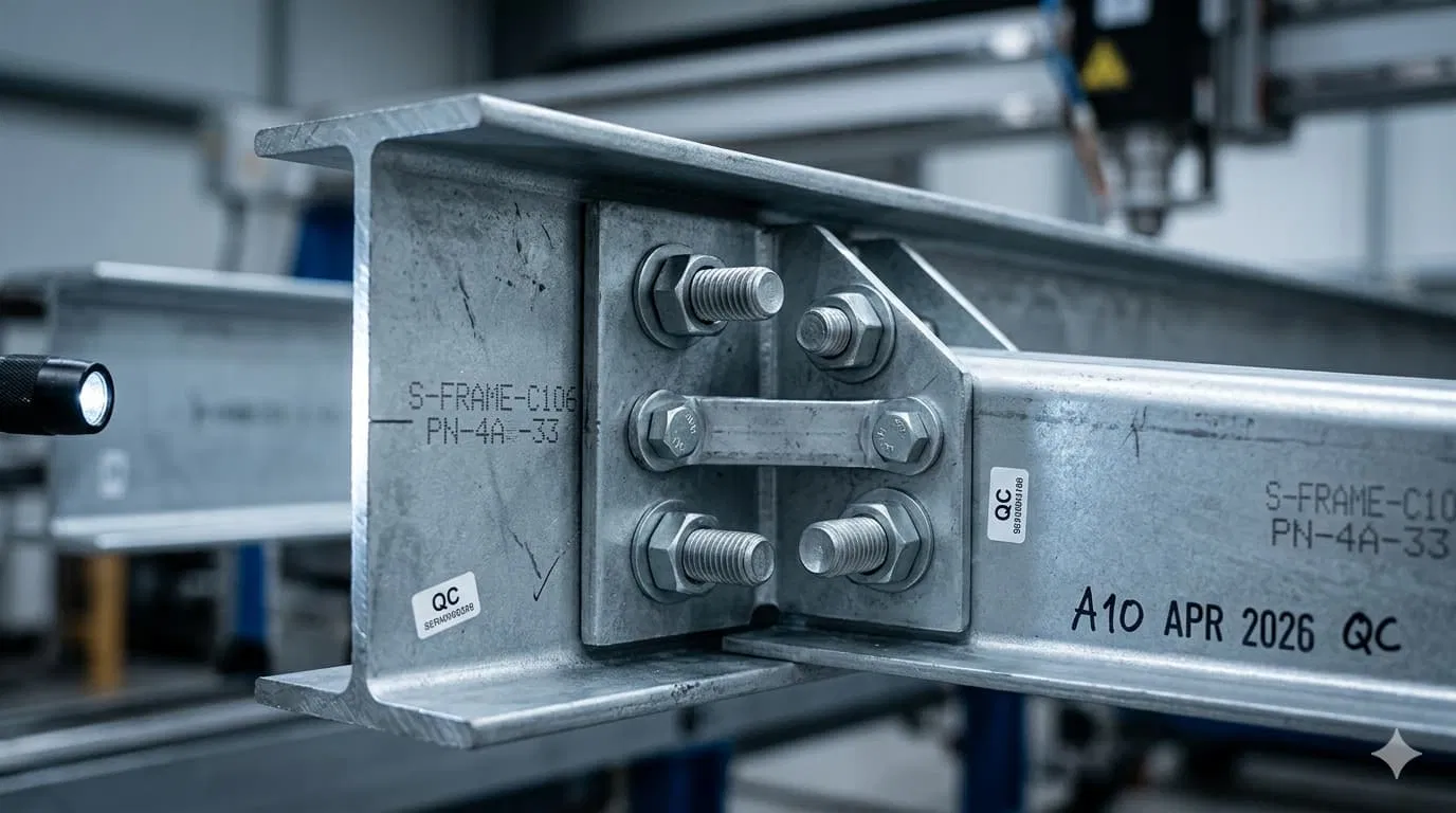 A close-up of a prefab house's steel frame connection point
