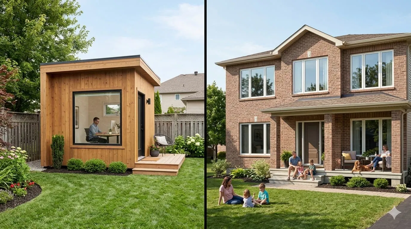 A split image showing a tiny cabin as a backyard office on one side, and a modular home as a family residence on the other.