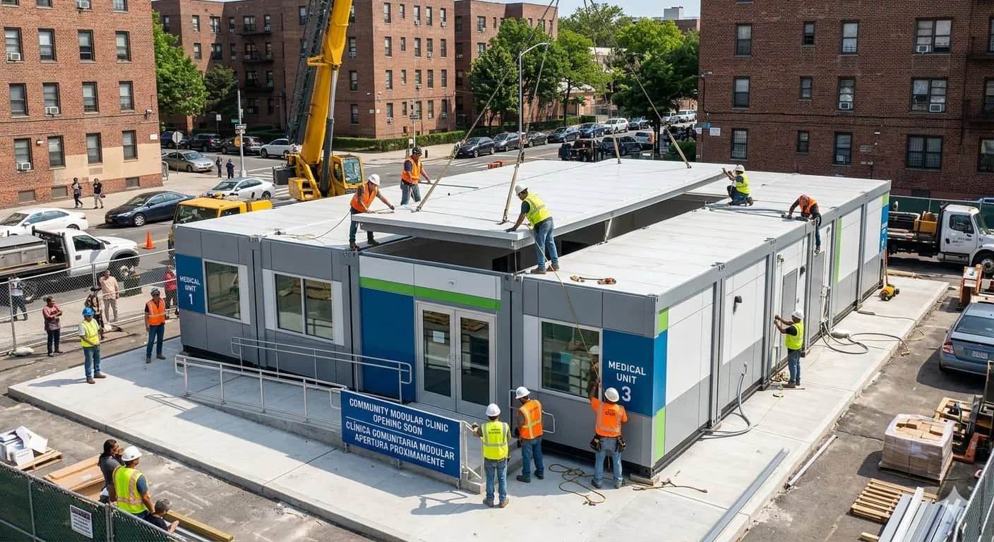 Rapid Deployment for Emergency Needs A modular clinic being set up quickly in a community