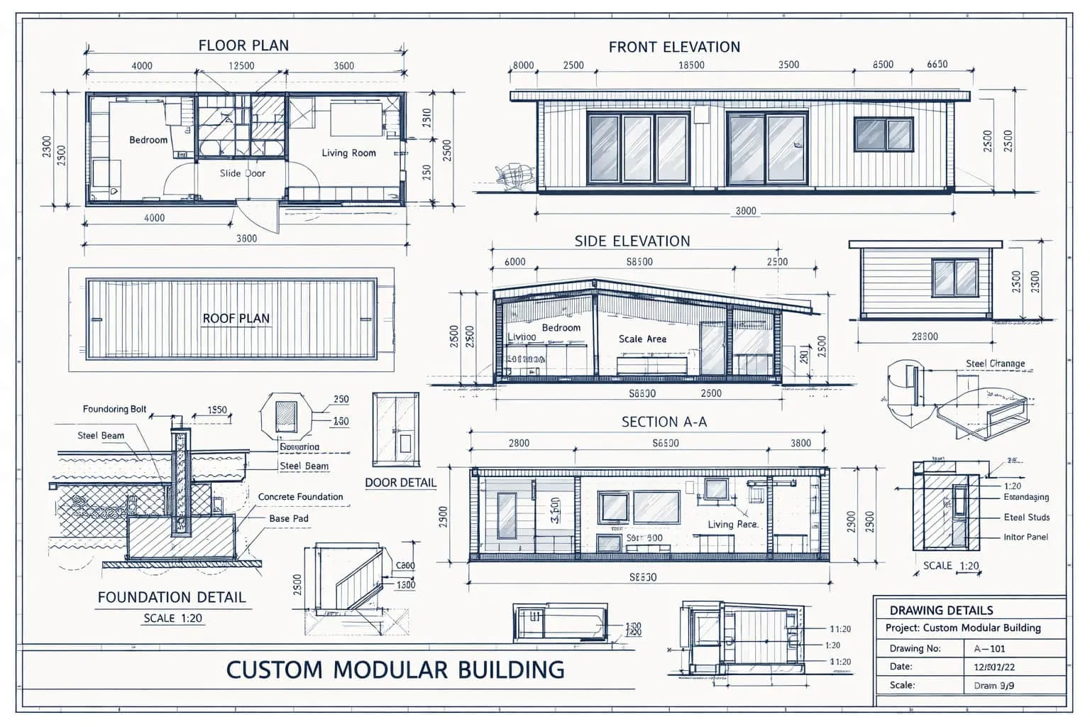 A detailed blueprint or technical drawing of a custom modular building