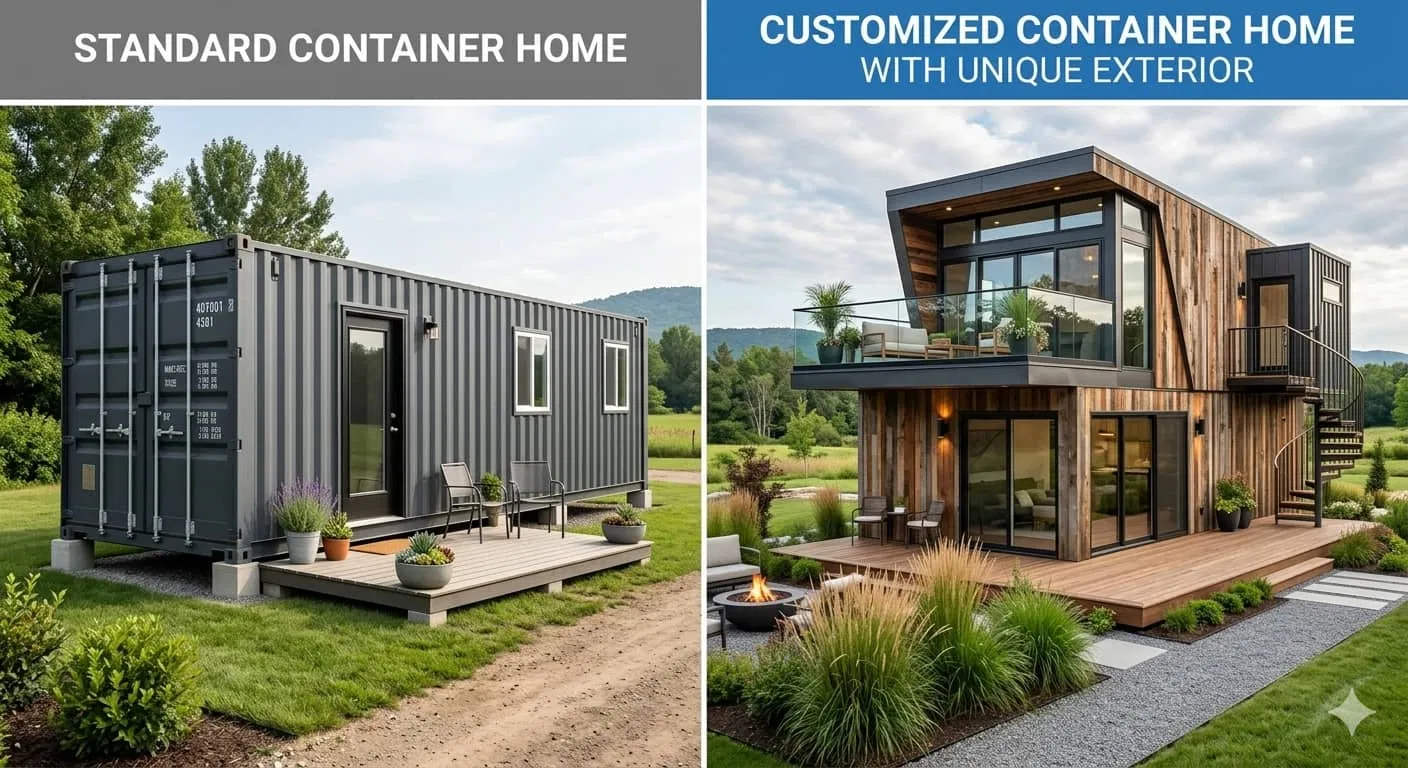 A standard container home versus a customized one with a unique exterior
