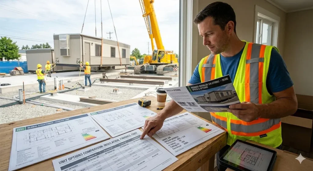 Project buyer reviewing modular building specifications and drawings