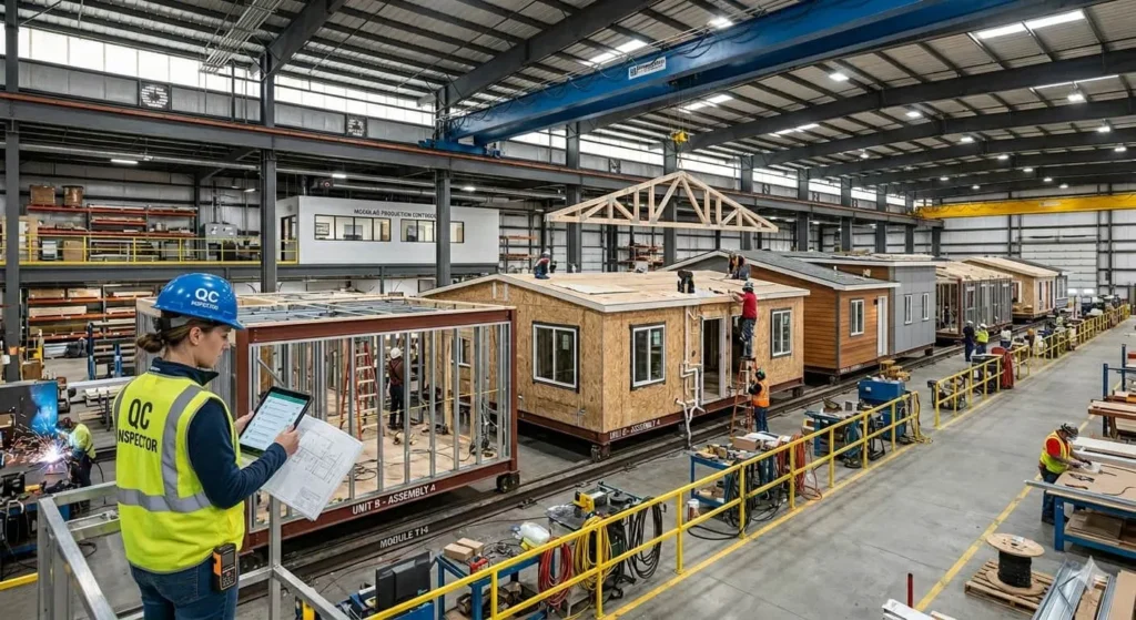 Quality inspector checking a modular container unit in the factory