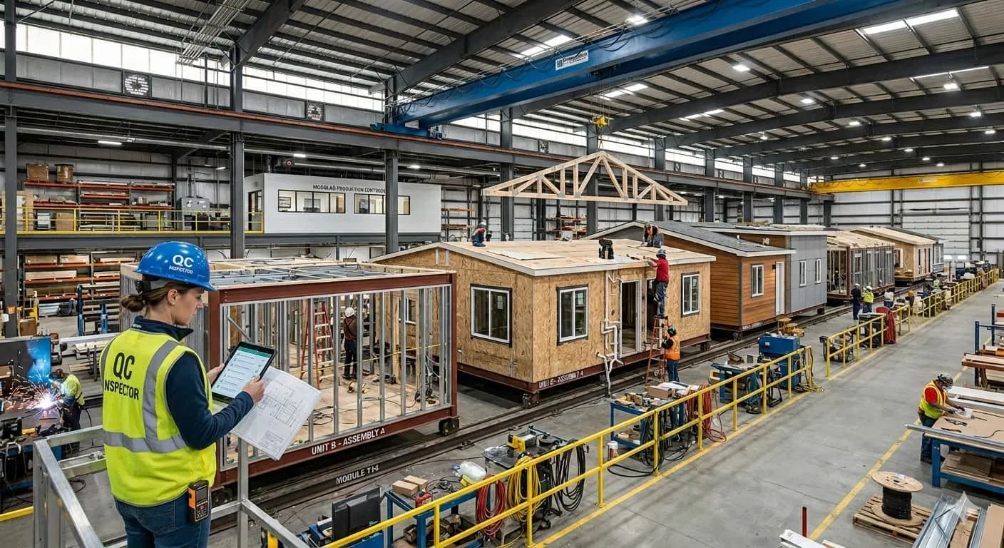A quality control inspector checking a modular unit on the assembly line