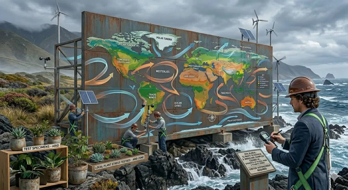 A map showing different climate zones and wind patterns