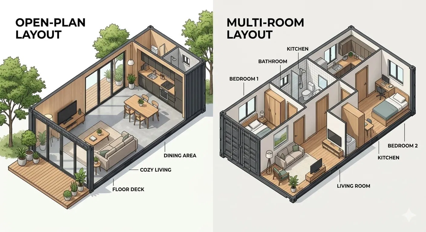 An open-plan container home layout versus a multi-room layout